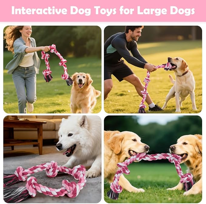 SZEE Dog Rope Toy for Large Dogs, 37 Inch 5 Knots, Large Dog Toys for Aggressive Chewers, Durable & Tough Tug of War Rope, for Teeth Cleaning & Boredom Relief (Pink)