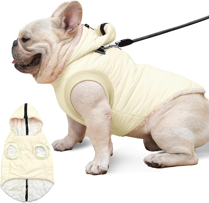 Fleece Lining Dog Hoodie with Harness Built in,Extra Warm Medium Dog Jacket in Winter Doggie Coats with Hooded,Light Yellow XL