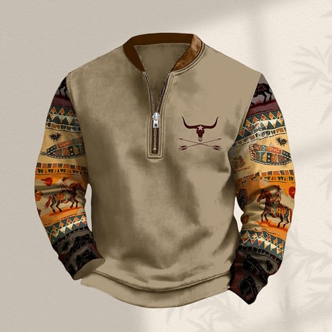 HOTYD Aztec Cowboy Jacket Men Vintage Bullhorn Printed Oversized Western Sweatshirt Long Sleeve Quarter Zip Pullover
