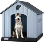 PUKAMI Large Dog House Outdoor Indoor, Plastic Dog House Weatherproof for Large Dogs, Study Puppy Shelter with Air Vents and Elevated Floor, Easy Clean and Assemble (Grey, 36.81"D x 38.7"W x 39.1"H)