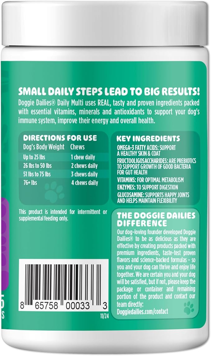 Doggie Dailies 5 in 1 Multivitamin for Dogs, Dog Multivitamin for Skin and Coat Health, Joint Health, Improved Digestion, Antioxidants, Support a Healthy Immune System (Peanut Butter) 225 Soft Chews