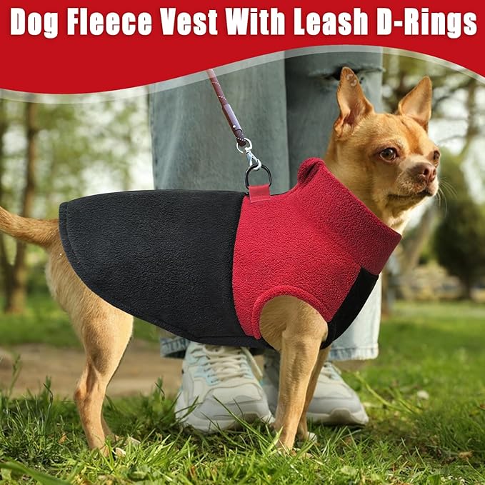 Idepet Dog Fleece Vest Sweater Zip Up Warm Pullover Dogs Jacket with D-Ring Leash Winter Cold Weater Coat Pet Sweatershirt Clothes Hoodie for Small Medium Dogs Boy Girl (Red/Black, S)
