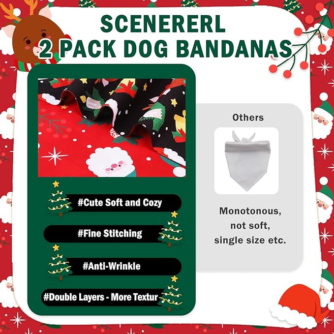 SCENEREAL Christmas Dog Bandanas 2 Pack, Puppy Xmas Santa Claus Elk Triangle Bibs Handkerchief, Reversible Holiday Dog Bandana for Boy and Girl, Premium Pet Scarf for Small Medium Large Dogs XL