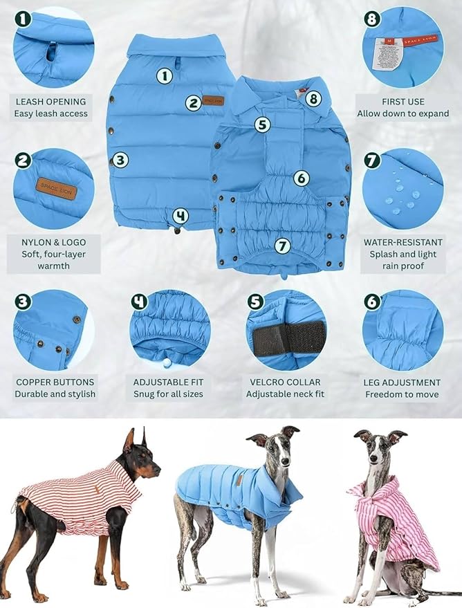 SPACE LION Dog Puffer Jacket, Down Winter Coat, Durable Outdoor Coat for Cold and Windy Conditions, Waterproof, Lightweight Jacket, Adjustable Fit for Small, Medium, Large Dogs(Blue,16/XL)
