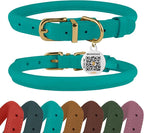 BronzeDog Rolled Leather Dog Collar with QR ID Tag, Adjustable Soft Round Collars for Small Medium Large Dogs Puppy (16" - 19" Neck Size, Turquoise)