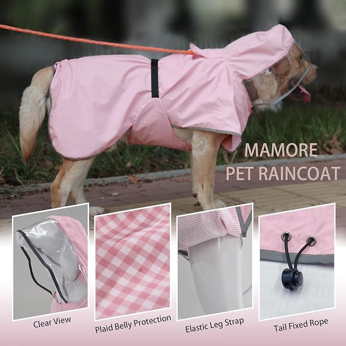 Waterproof Dog Raincoat, Reflective Adjustable Hooded Dog Rain Coat, Lightweight Breathable Pet Rain Jacket Poncho Double Layer with Leash Hole for Small Medium Large Dogs (Pink, X-Large)