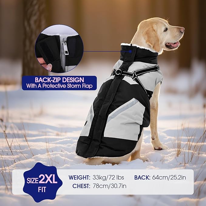 FUAMEY Dog Winter Jackets for Small Dogs,Dog Coat with Harness Built in,Waterproof Dogs Snowsuits Warm Pet Jacket Zip Up Fleece Cold Weather Coats Reflective Puppy Vest with Pocket Black S