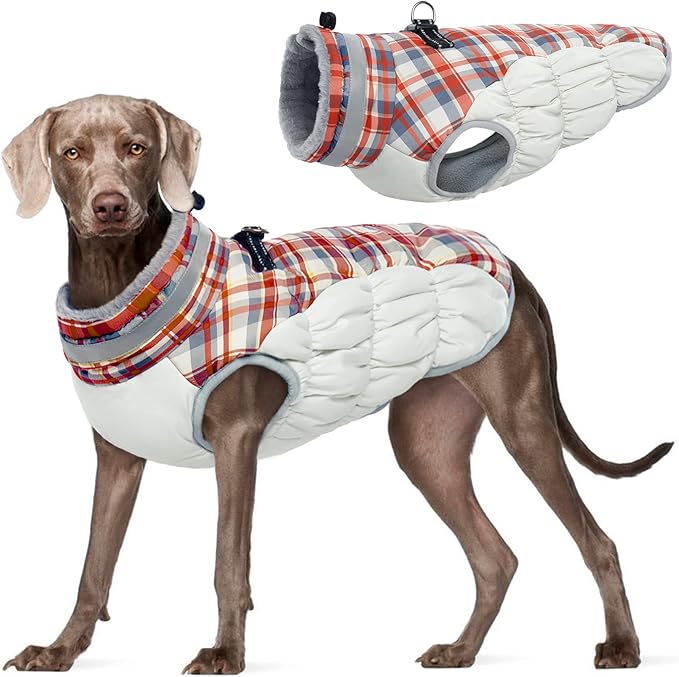 FUAMEY Dog Coat for Large Dogs,Waterproof Dog Winter Jacket with Harness Built in Puppy Cold Weather Coats Reflective Pet Vest with Zipper Warm Fleece Dogs Snowsuit Windproof Red Plaid XL