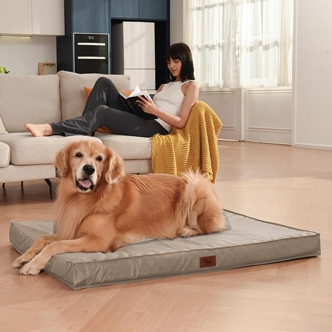 Outdoor Large Washable Dog Bed, Orthopedic Egg Crate Foam Dog Crate Mat for Large Dogs with Removable Oxford Cooling Cover, Khaki