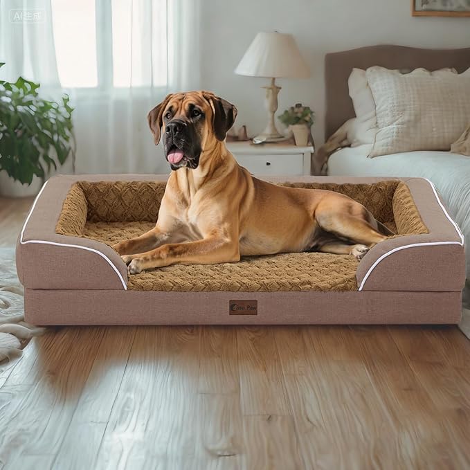 Orthopedic XXL Dog Beds, Waterproof Memory Foam Big Pet Bed for Extra Large Sized Dogs 53x42Inch, Non-Slip Bottom and Egg-Crate Foam Dog Couch Bed with Washable Removable Cover, Brown