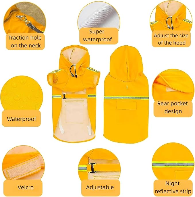 Reflective Strip Dog Raincoat, Ultra - Light Breathable Waterproof Rain Jacket with Hood, Adjustable Sizes for Small/Medium/Large Dogs, (4XL)