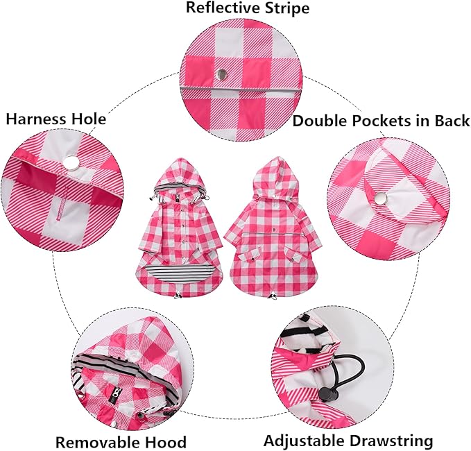 Dog rain Coat Waterproof Raincoat Puppy Jacket with Legs Buttons Zipper Hood Drawstring Fit for Yorkie Terrier Schnauzer Poodle Border Collie Labrador Golden Retriever 8lbs to 80lbs Pink M