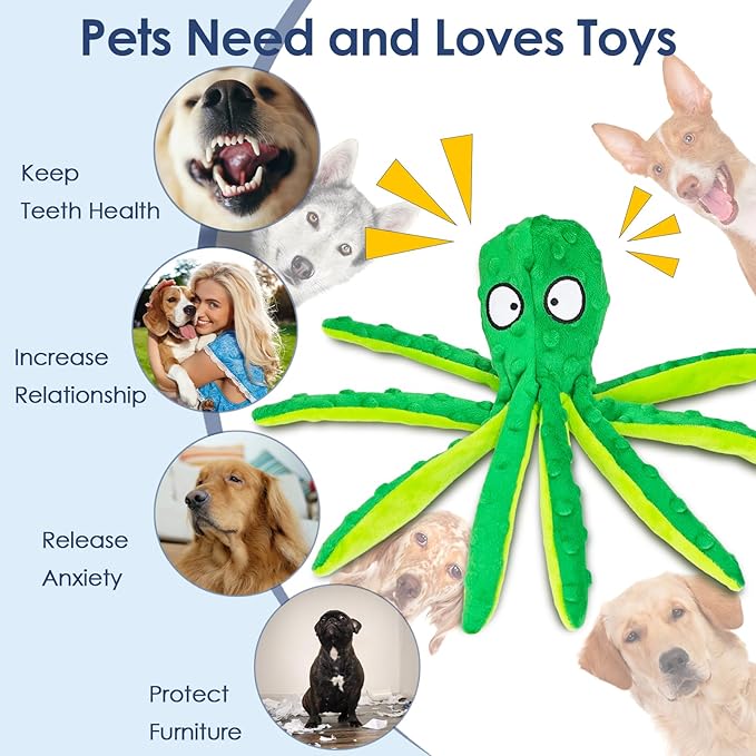 8 Pack Squeaky Octopus Plush Dog Toys for Aggressive Chewers, No Stuffing, Crinkle, Durable Interactive, 4 Colors