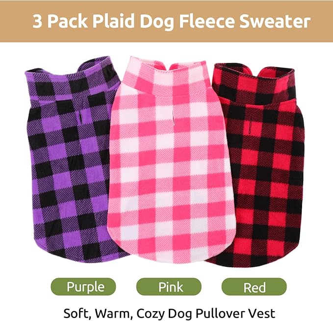 KAMA BRIDAL 3 Pack Dog Coat - Spring, Autumn, Winter - Fleece Vest for Cats & Dogs - Small & Medium - Blue & Black Plaid, Red, Pink, Purple Plaid (XS)