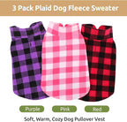 Kama Bridal 3 Pack Dog Coat - Spring, Autumn, Winter - Fleece Vest for Cats & Small/Medium Dogs - Red, Pink, Purple Plaid (S)