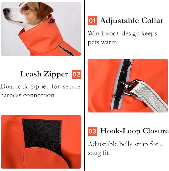 Dog Water-Repellent Raincoat Jacket, Lightweight Reflective Waterproof Clothes for Small Medium Large Dogs, Outdoor for Fall & Spring (Orange, 2XL)
