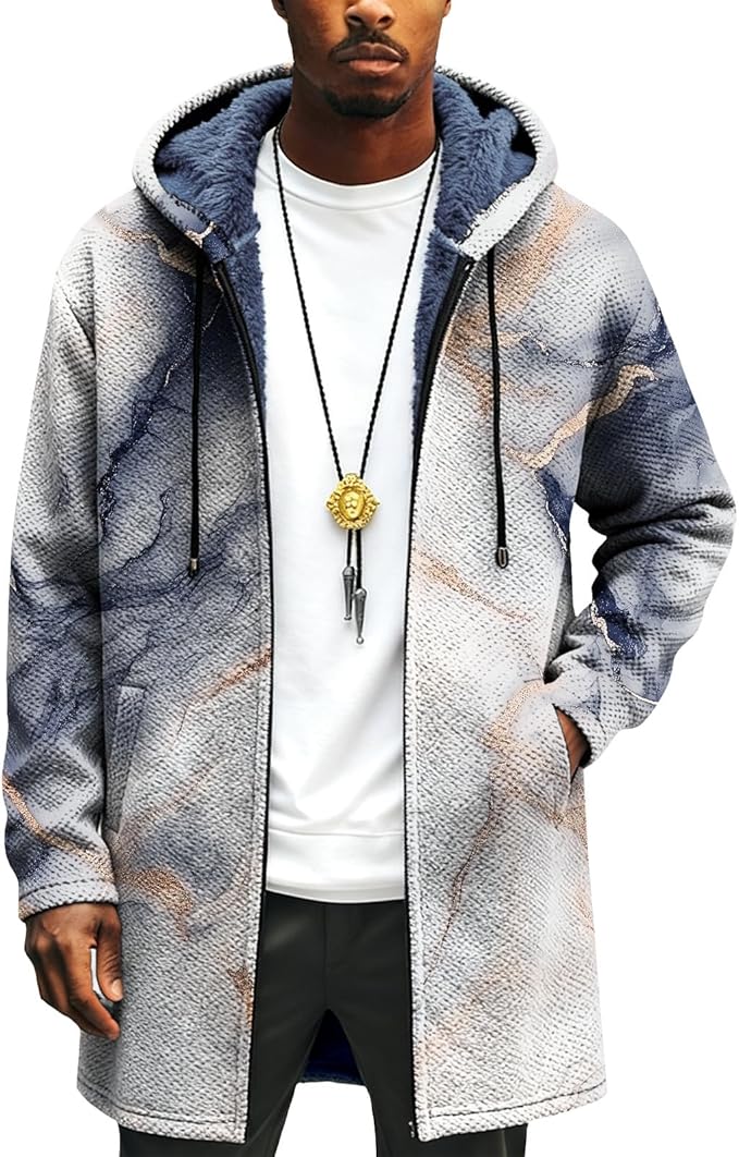 Mens Long Cardigan Hoodies Full Zip Fleece Lined Jackets Fashion Knitted Color Block Hooded Coat with Pockets