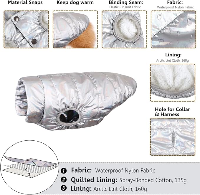 ASENKU Dog Winter Coat - Waterproof Windproof Dog Jacket, Warm Snowproof Doggie Puffer Vest for Cold Weather, Lightweight Snow Coats for Small Medium Large Dogs (Silver, 3XL)