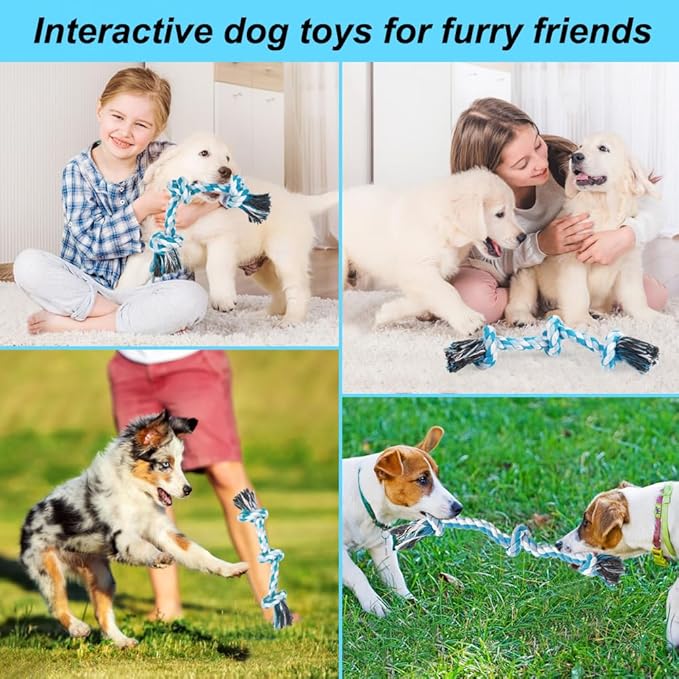 SZEE Dog Rope Toys, 14 in 3 Knots Chew Rope for Medium and Small Dogs, Natural Cotton Pull Toy for Tug of War and Teeth Cleaning (Blue)