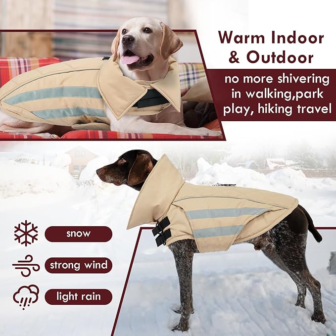 Dog Jacket for Large Dogs Winter Coat with Harness Hole Waterproof Reflective Turtleneck Snowsuit Adjustable Hook & Loop Cold Weather Coats for Dogs Border Collie Pitbull, Khaki 2XL