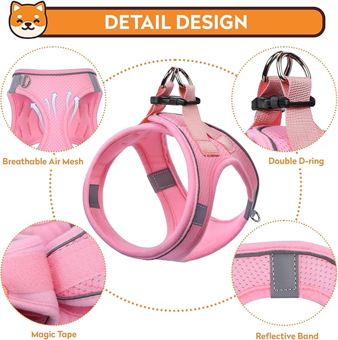 Dog Harness with Leash Set, No-Pull Step-in Reflective Pet Harness with 1 Leash Clips, Adjustable Soft Padded Easy Walk Dog Vest for Small Medium Large Dogs, Cats(Light Pink, Large)