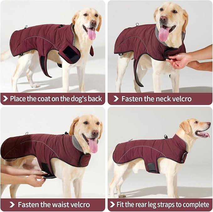 HEYWEAN Dog Winter Coat - Waterproof Windproof Reflective Vest for Medium & Large Breeds Adjustable Warm FleeceLined Jacket with Magic Tape & D-Ring for Leash Cold Weather Apparel (Red, Large)