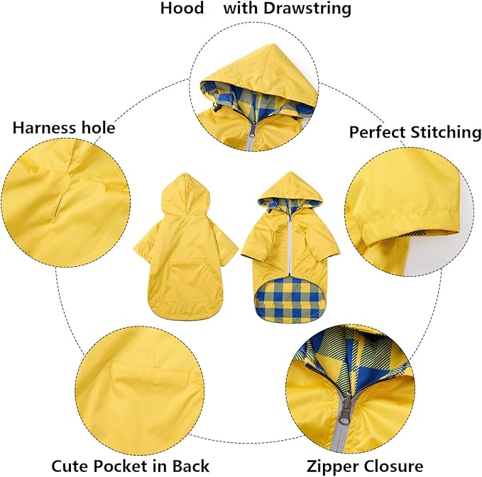 Dog Raincoat Dogs Waterproof Reversible rain Jacket Dog Small Medium Breeds Reflective Zipper Storage Pocket Harness Hole - Yellow - S
