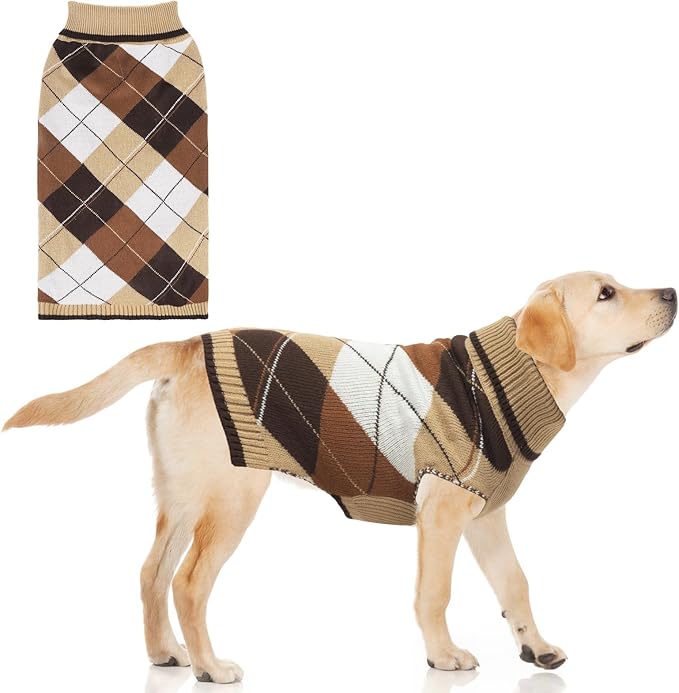 KOOLTAIL Dog Sweater Pet Knitted Clothes - Classic Plaid Pullover Turtleneck Thick Warm Fall Dog Sweaters with Leash Hole, Soft Dog Winter Clothes for Small Medium Large Dogs Cats Puppy Girls Boys, L