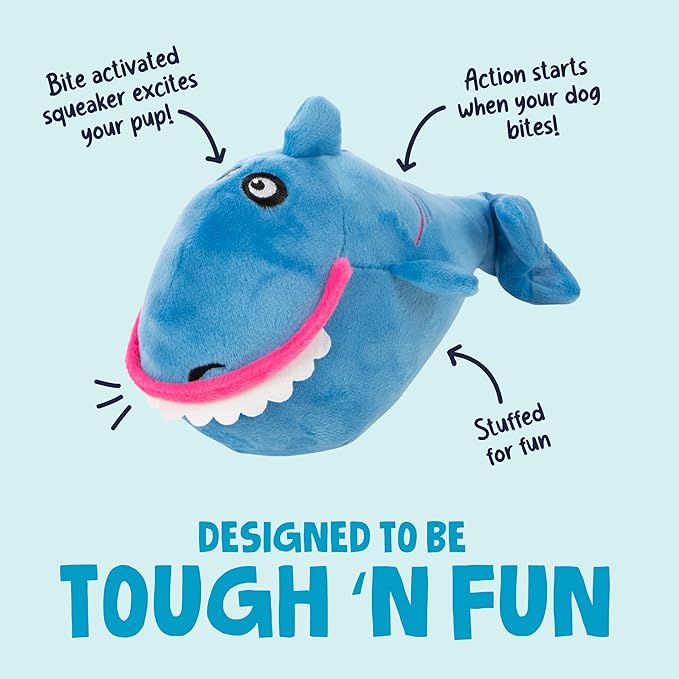goDog Action Plush Shark Animated Squeaky Dog Toy with Chew Guard Technology, Durable Fabric and Wiggling Tail & Squeaker for Active Play, Blue, One Size
