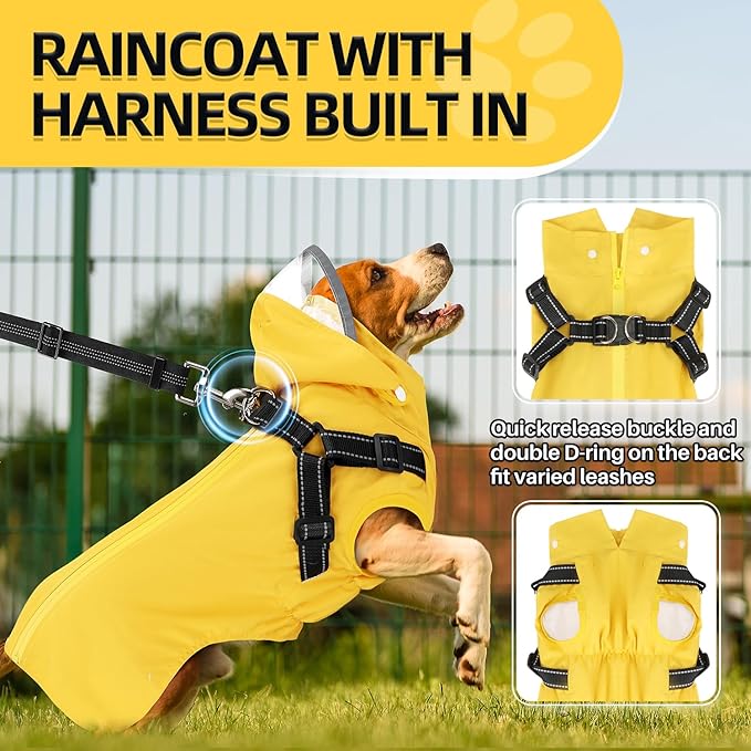 Lukovee Dog Raincoat - Waterproof Rain Jacket with Harness & Removable Hood, Reflective Double Layer Dog Rain Coat Poncho for Small Medium Large Dogs Puppy (XS, Yellow)