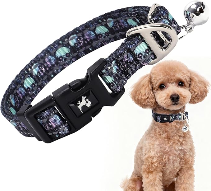 Small Dog Collar with Bell - Soft Adjustable Nylon Collar for Small Breeds, Skull Pattern Reflective Collar for Chihuahua Pomeranian Yorkie, Lightweight & Comfortable for Tiny Dogs(Skull S)