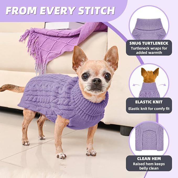 2 Pack Dog Sweaters for Small Dogs Turtleneck Pullover Cable Knit Puppy Stretch Clothes Chihuahua Yorkie Pomeranian Toy Poodle Boy Girl Pets Winter Doggie Clothes (XS, Pink & Purple)
