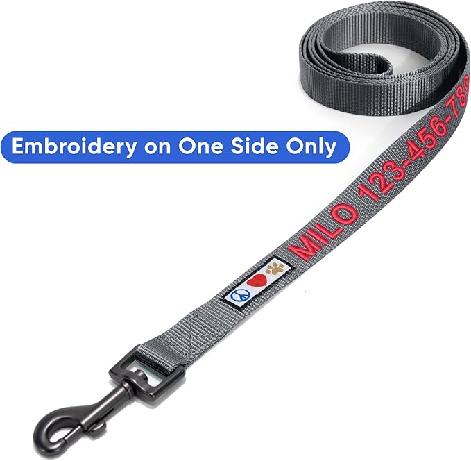Pawtitas Personalized Dog Leash Embroidered Customize Leash with Your Pet Name & Phone Number Leash Puppy Leash 6 ft Long Dog Leash Puppy Medium Leash Large Leash Leash Grey Custom Engraved Name