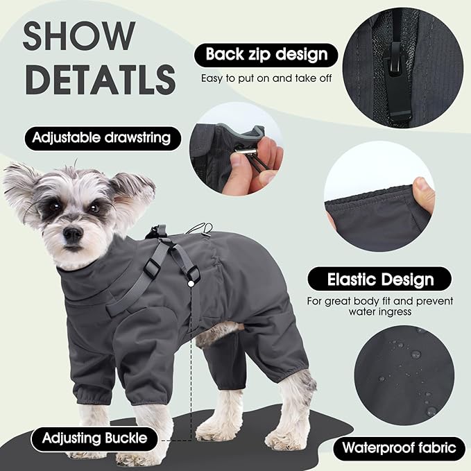 BRKURLEG Dog Raincoat with Harness for Small Dogs, Adjustable Waterproof Dog Rain Jacket, Reflective Rainproof Puppy 4 Legs Raincoat, Full Body Pet Rain Jacket, Dark Grey, M
