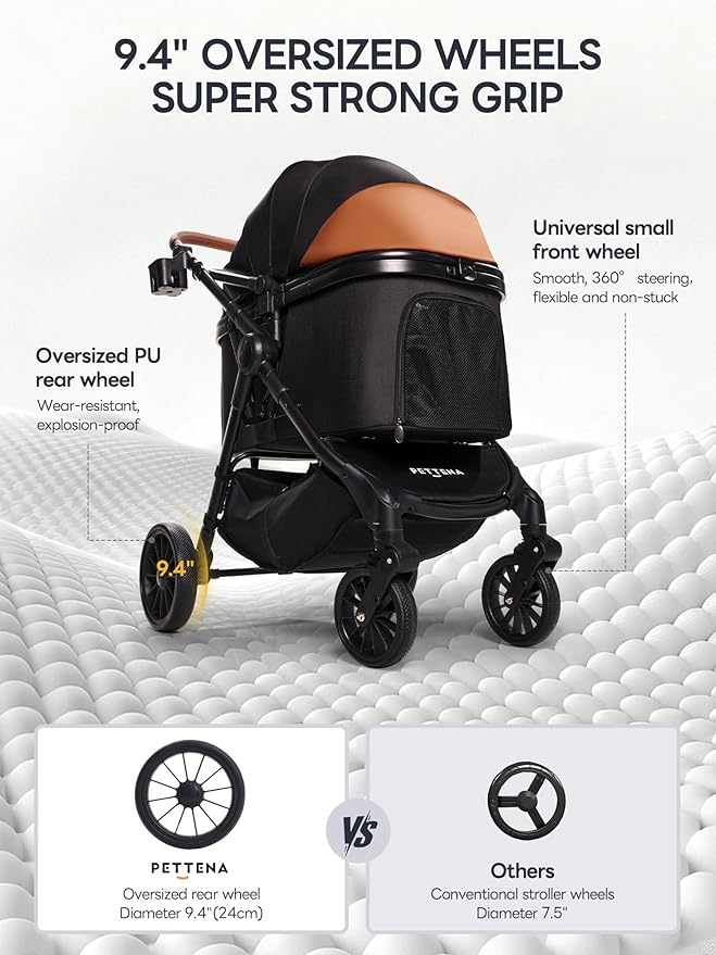 Pet Stroller with 4 Wheels, 4 in 1 Folding Puppy Strollers for Small/Medium Dogs up to 66lbs, Lightweight Pet Travel Carrier with Detachable Carrier/Storage Basket, One Click Folding, Black