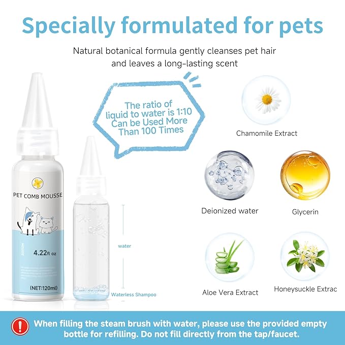 Pet Steam Brush for Dog & Cat - 3-in-1 Pet comb leave-in serum for Shedding & Hair Removal - Self Cleaning Spray Comb with Mist for Long Haired Pets - Includes 1*Waterless Shampoo, Yellow