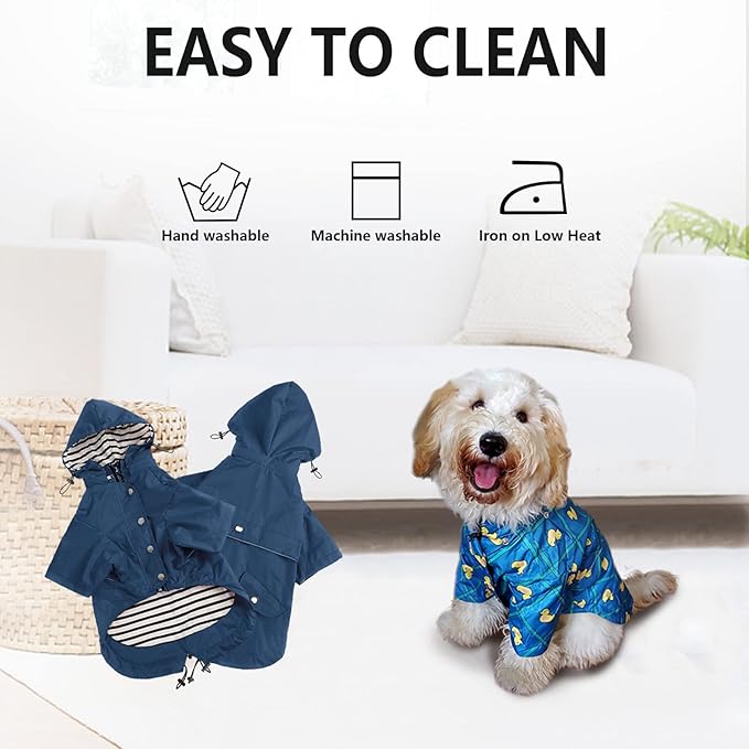 Dog Zip Up Raincoat with Reflective Buttons, Rain/Water Resistant, Adjustable Drawstring, Removable Hood, Raincoats with Legs 8lbs to 80lbs Available - Dark Blue - Small