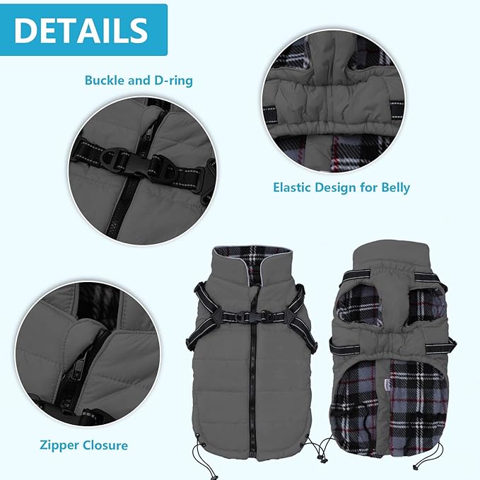 Geyecete Winter Warm Coat Waterproof Dog Winter Jacket with Harness Traction Belt,Pet Outdoor Jacket Dog Autumn and Winter Clothes for Medium, Small Dog-Gray-M