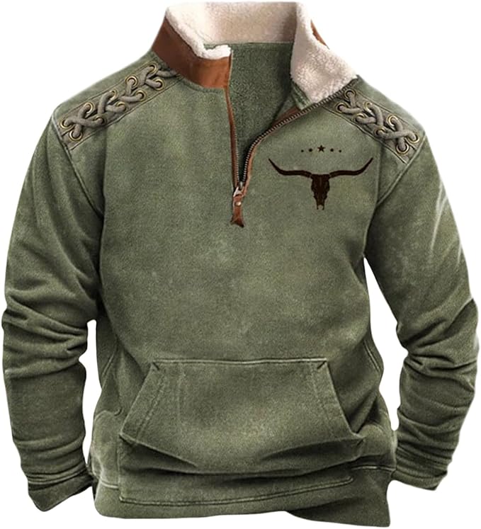 HOTYD Western Jackets for Men Cowboy Sweatshirts Vintage Ethnic Graphic Casual Long Sleeve Top 1/4 Zip Pullover Hoodies
