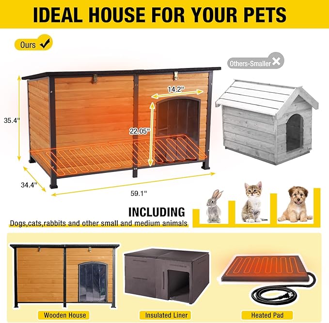 59.1" Extra Large Heated Dog House with Electric Heating Pad,Outdoor & Indoor Dog Kennl with Insulated Liner Keep Warm in Winter, Waterproof Pet Shelter, Strong Metal Frame
