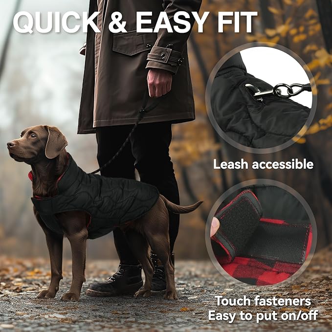 VIVAGLORY Softjoy Dog Coat, Dog Jacket for Winter & Christmas, Coat with Harness Hole & Velcro Closure, Reversible Plaid Checkered Warm Fluffy Heavy Duty for Puppy, L, Red Black