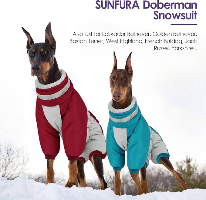 SUNFURA Full Body Dog Coat - Warm Fleece Jacket for Large Dogs, Turtleneck Winter Coats with Harness, Reflective Windproof Dog Snowsuit with Legs for Labrador,Golden Retriever, Burgundy 2XL