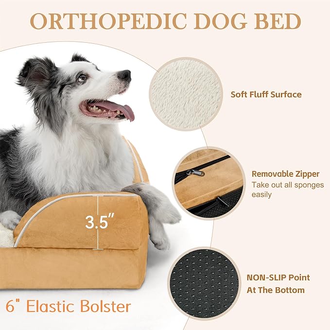 Comfort Expression Orthopedic Dog Bed for Small Dogs 24x16 Inch, Waterproof Supportive Egg Crate Foam Small Pet Bed with Removable Bolsters, Dog Couch with Washable Cover & Non-Slip Bottom, Caramel