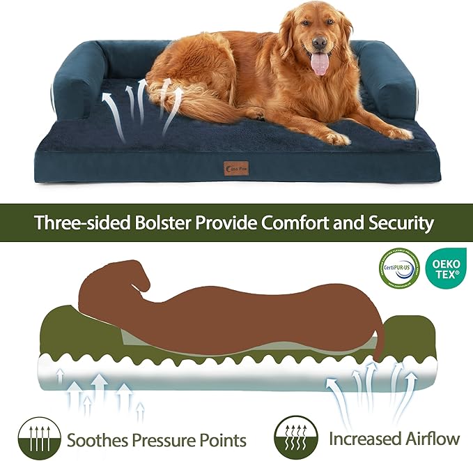 Orthopedic Dog Beds for Large Sized Dogs, Waterproof Egg Crate Foam Large Dog Couch Beds with Comfy Bolster 36x27Inch, Washable Pet Beds with Removable Cover and Nonskid Bottom, Navy Blue