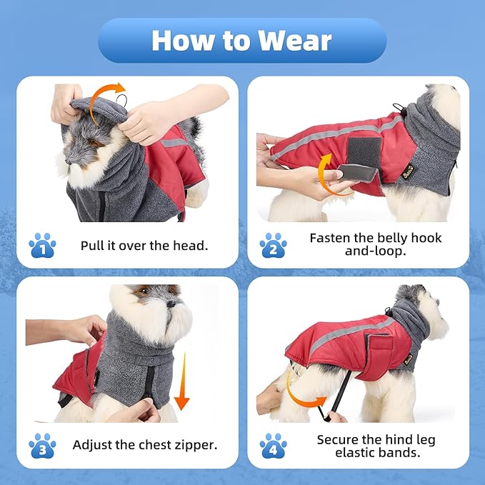 SlowTon Winter Dog Coat, Warm Polar Fleece Lining Doggie Outdoor Jacket with Turtleneck Scarf Reflective Stripe Adjustable Waterproof Windproof Puppy Vest Soft Pet Outfits (L,Red)