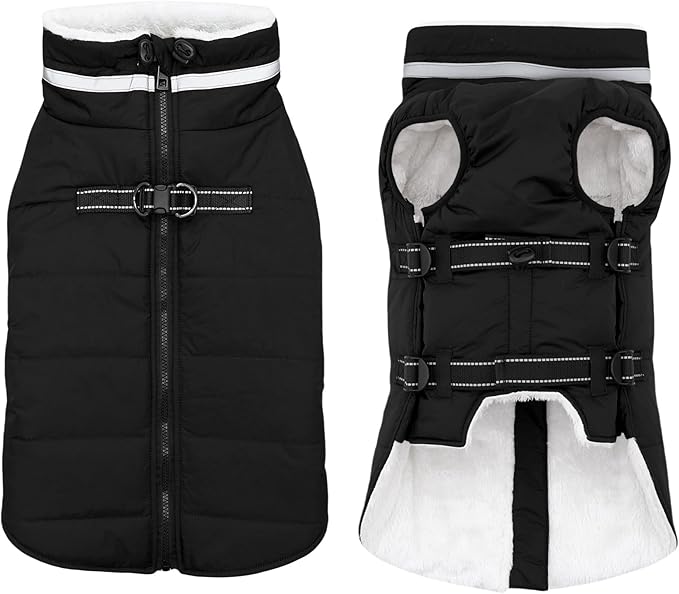 Dog Coat with Harness Built-in, Waterproof Reflective Fleece Lined - Warm Windproof Winter Jacket with Back Zipper, Cold Weather Snow Dog Coats - Black - L