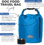 Callieco Dog Food Travel Bag w/ 1 Cup Scoop and Zipper Side Pocket | Waterproof Kibble Storage Container for Home, Road Trips, Camping, Boarding and More (Blue, 64 Cups)