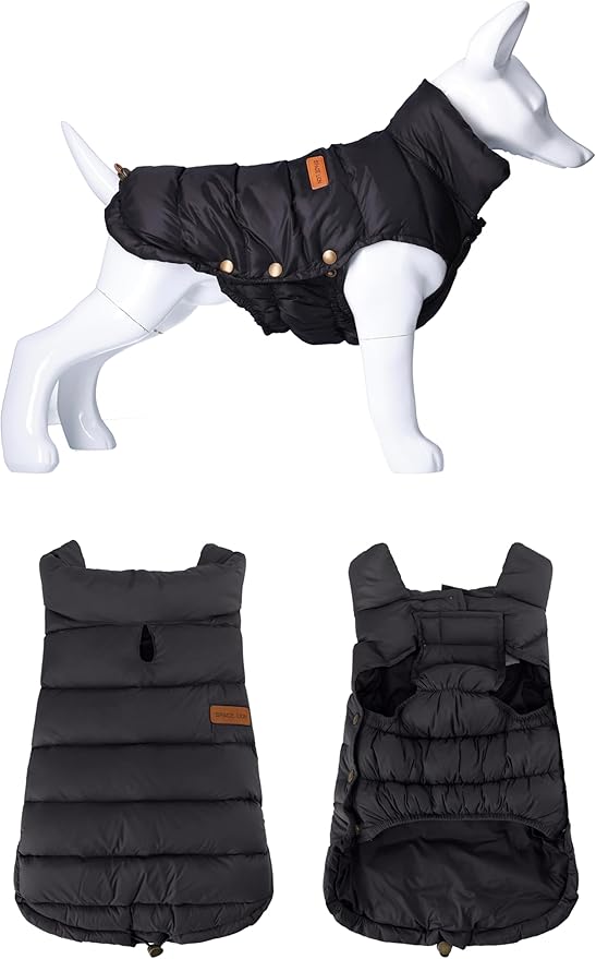 SPACE LION Dog Puffer Jacket, Down Winter Coat, Durable Outdoor Coat for Cold and Windy Conditions, Waterproof, Lightweight Jacket, Adjustable Fit for Small, Medium, Large Dogs(Black,16/XL)