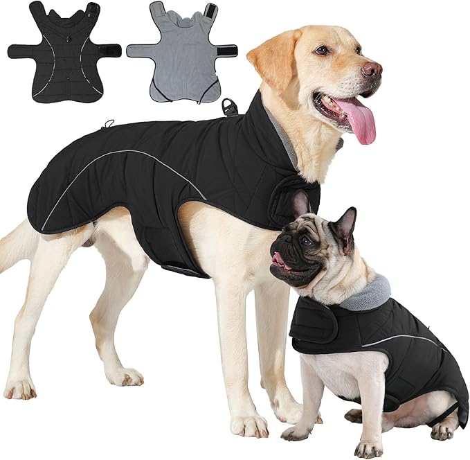 HEYWEAN Dog Winter Coat - Waterproof Windproof Reflective Vest for Medium & Large Breeds Adjustable Warm FleeceLined Jacket with Magic Tape & D-Ring for Leash Cold Weather Apparel (Black, Large)