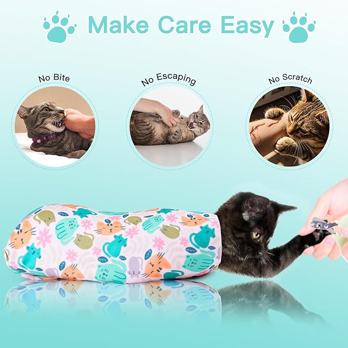 Cat Wrap for Grooming Self-Adherent Cat Wrap for Cutting Nails Cat Grooming Wrap Cat Burrito Wrap Anti-Bite, Anti-Escape Cat Swaddle Wrap 2PCS (Orange Kitten-M & Funny Bear-XL, M & XL)
